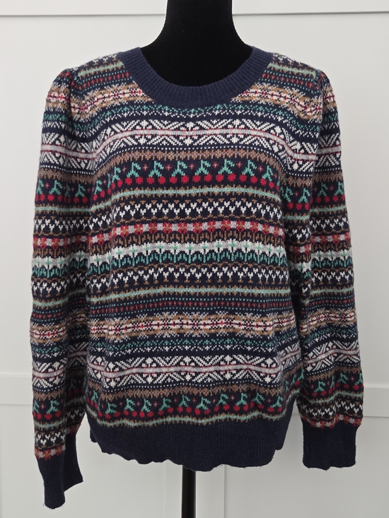 J. Crew Sweaters - J. Crew Puff Sleeve Fair Isle Sweater Navy Colorful Cherries Wool Blend Large